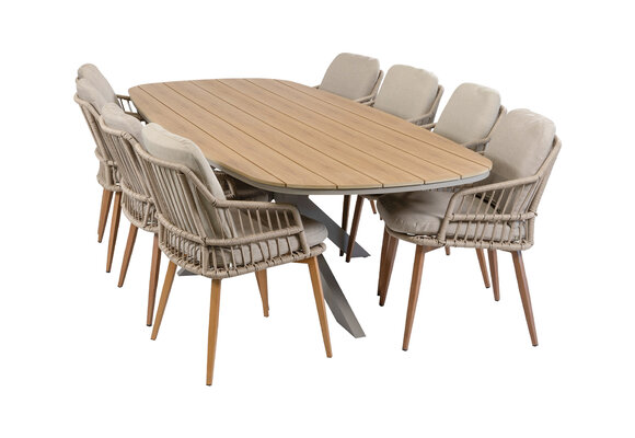 9-delige tuinset | 8 Isabel tuinstoelen (Sand/Wood) | Tuintafel Cadiz 280x115cm
