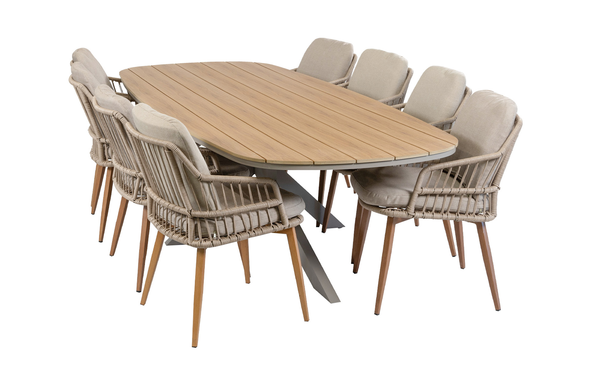 Normin 9-delige tuinset | 8 Isabel tuinstoelen (Sand/Wood) | Tuintafel Cadiz 280x115cm