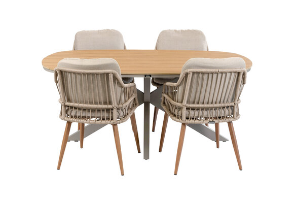 5-delige tuinset | 4 Isabel tuinstoelen (Sand/Wood) | Tuintafel Cadiz 180x115cm (Camel)