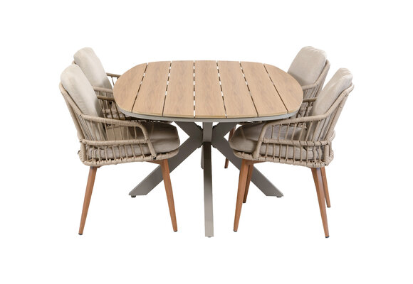 5-delige tuinset | 4 Isabel tuinstoelen (Sand/Wood) | Tuintafel Cadiz 180x115cm (Camel)