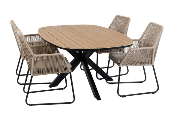 5-delige tuinset | 4 Mona tuinstoelen (Sand) | Tuintafel Cadiz 180x115cm (Black)