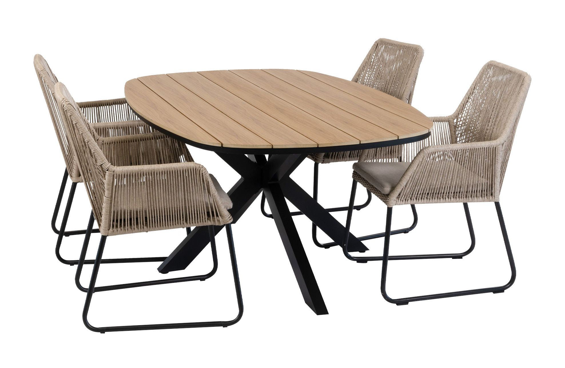 Normin 5-delige tuinset | 4 Mona tuinstoelen (Sand) | Tuintafel Cadiz 180x115cm (Black)