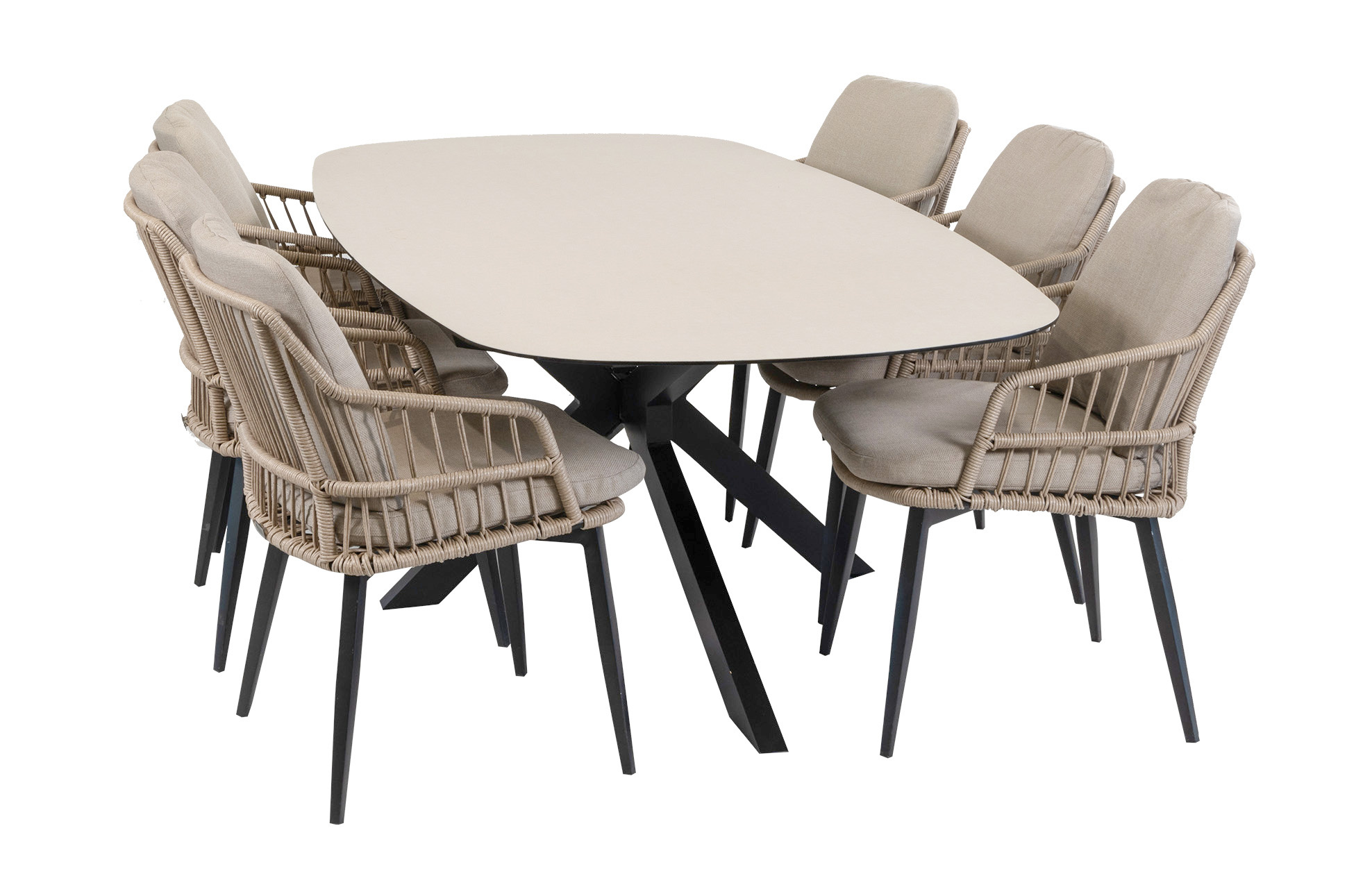 Normin 7-delige tuinset | 6 Isabel tuinstoelen (Sand) | Tuintafel Malaga 240x115cm (Black)