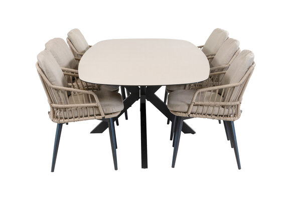 7-delige tuinset | 6 Isabel tuinstoelen (Sand) | Tuintafel Malaga 240x115cm (Black)