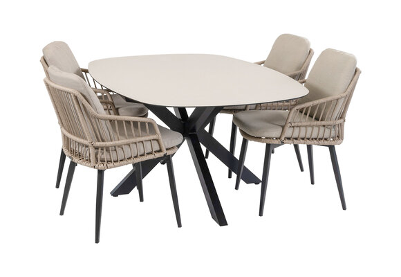 5-delige tuinset | 4 Isabel tuinstoelen (Sand) | Tuintafel Malaga 180x115cm (Black)