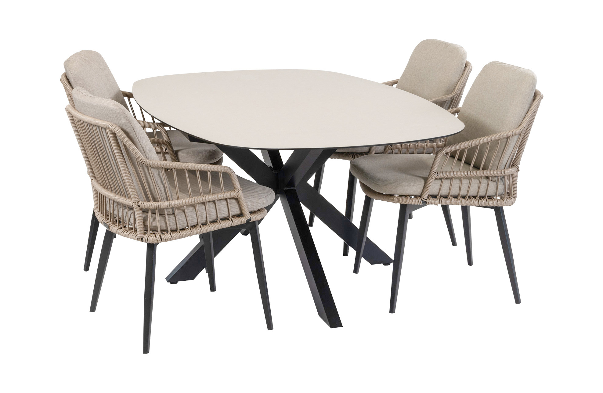Normin 5-delige tuinset | 4 Isabel tuinstoelen (Sand) | Tuintafel Malaga 180x115cm (Black)