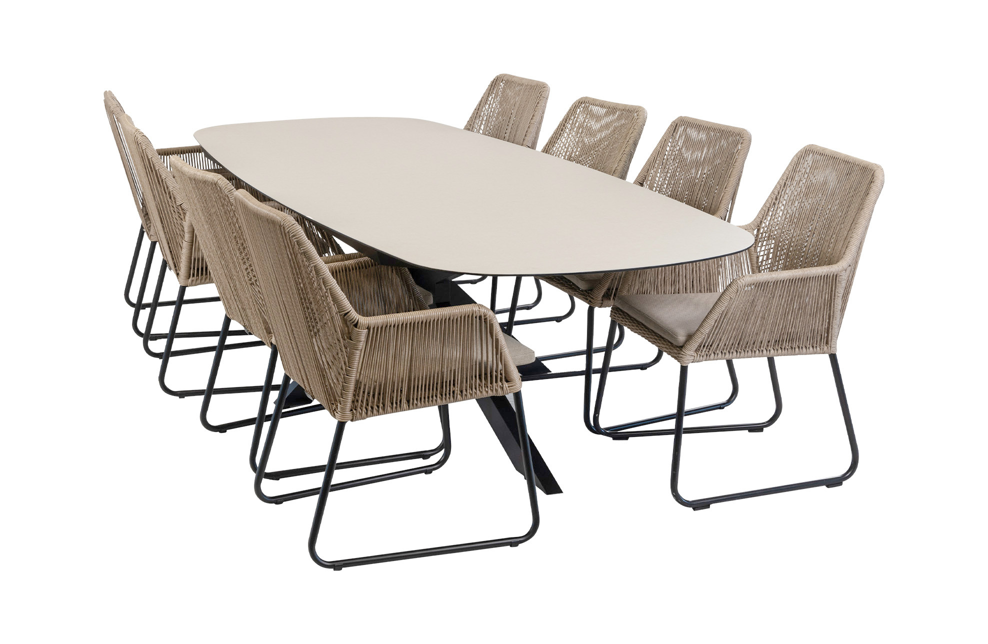 Normin 9-delige tuinset | 8 Mona tuinstoelen (Sand) | Tuintafel Malaga 280x115cm (Black)