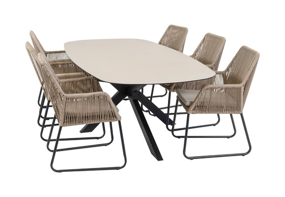 7-delige tuinset | 6 Mona tuinstoelen (Sand) | Tuintafel Malaga 240x115cm (Black)