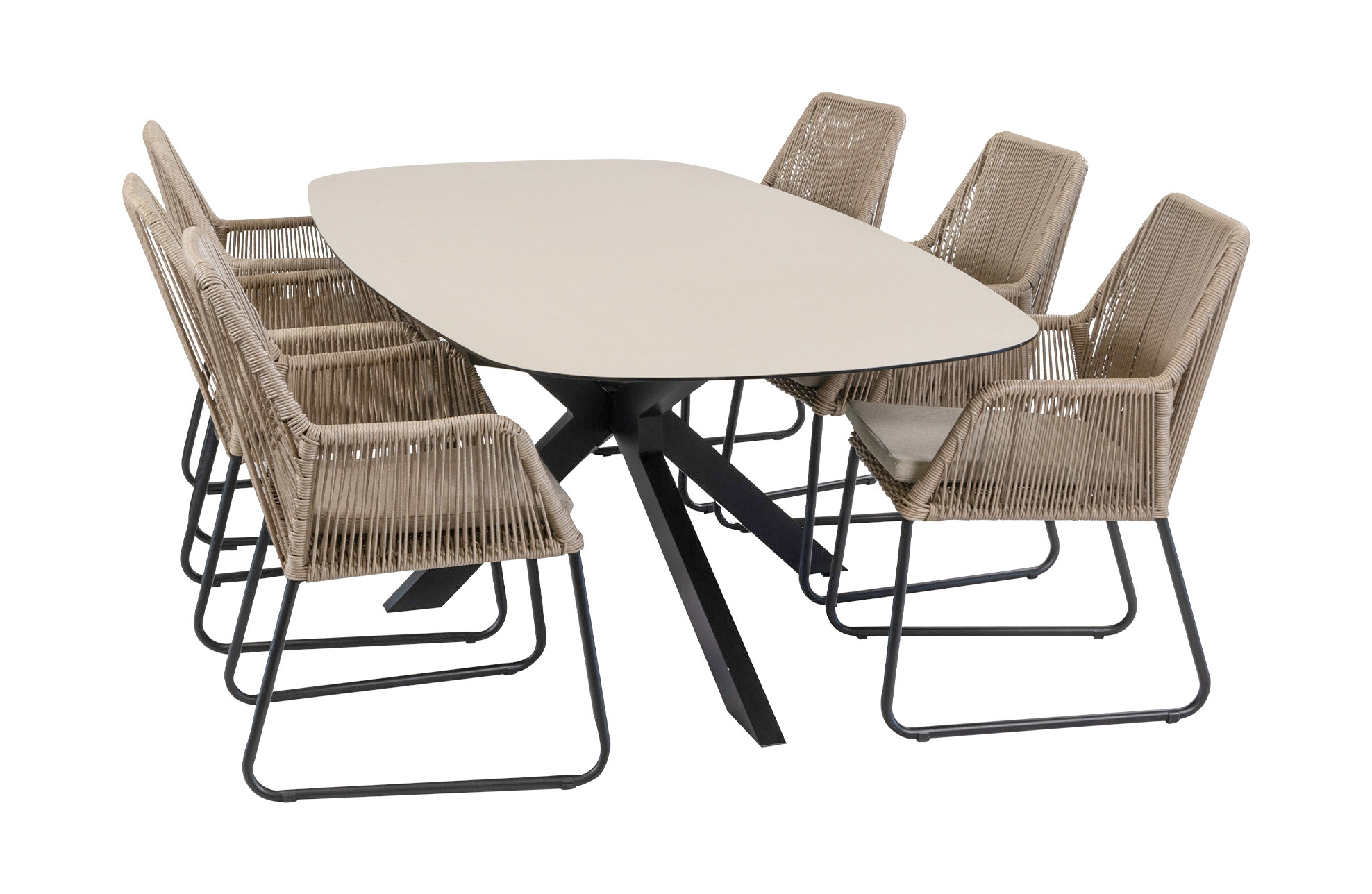 Normin 7-delige tuinset | 6 Mona tuinstoelen (Sand) | Tuintafel Malaga 240x115cm (Black)
