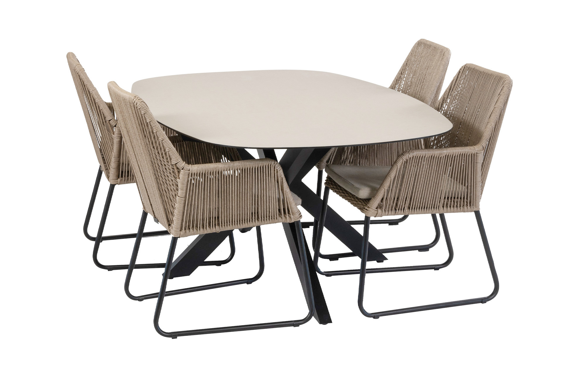 Normin 5-delige tuinset | 4 Mona tuinstoelen (Sand) | Tuintafel Malaga 180x115cm (Black)