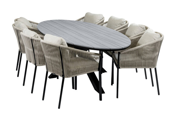 9-Delige tuinset | 8 Elvira tuinstoelen (Black) | 280cm ovale tuintafel Cyprus (Grey)