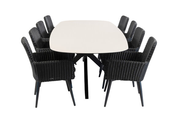 9-delige tuinset | 8 Pisa tuinstoelen (Black) | Tuintafel Malaga 280x115cm (black)
