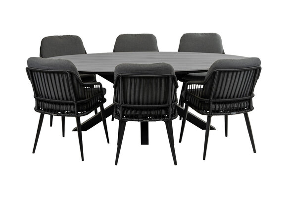 7-delige tuinset | 6 Isabel tuinstoelen (Black) | 220cm ovale Cyprus tuintafel (Grey)