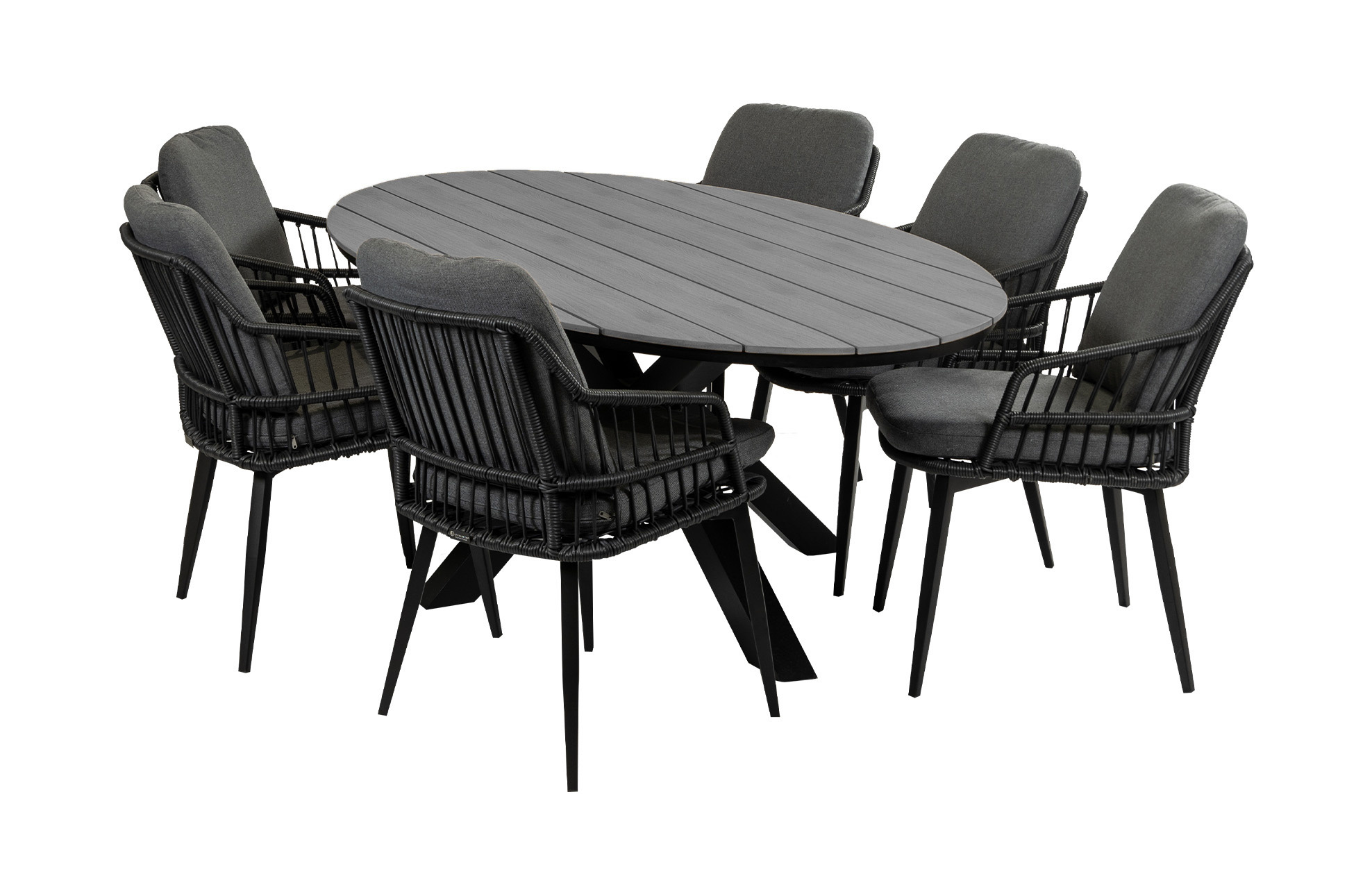 4 Seizoenen Tuinmeubelen 7-delige tuinset | 6 Isabel tuinstoelen (Black) | 220cm ovale Cyprus tuintafel (Grey)