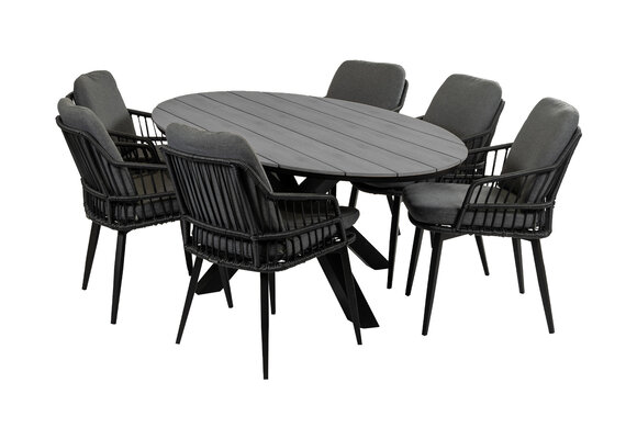 7-delige tuinset | 6 Isabel tuinstoelen (Black) | 220cm ovale Cyprus tuintafel (Grey)