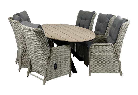 7-delige tuinset | 6 Dublin verstelbare stoelen (MG) | 220cm ovale Cyprus tuintafel (Wood)