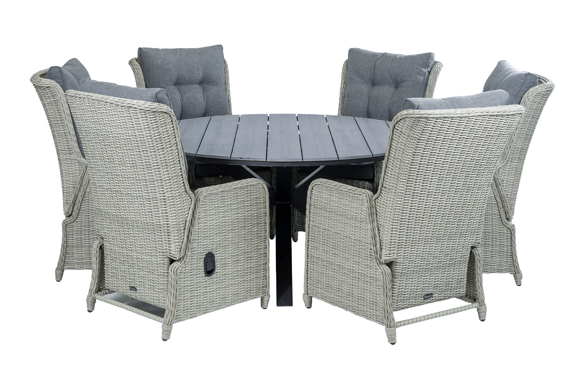 4 Seizoenen Tuinmeubelen 7-delige ronde tuinset | 6 Dublin verstelbare stoelen (MG) | ⌀150cm Cyprus tuintafel (Grey)
