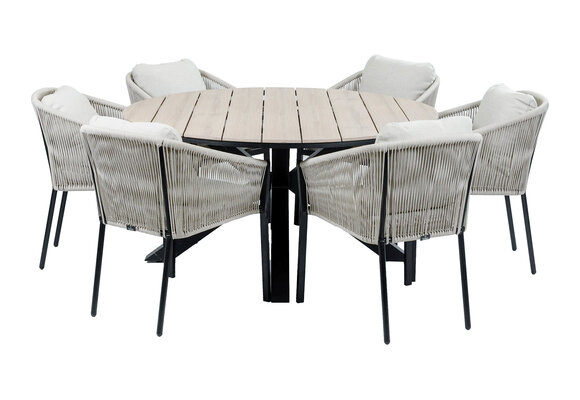 7-delige ronde tuinset | 6 Elvira tuinstoelen (Black) | Tuintafel Cyprus ø150cm (Wood)
