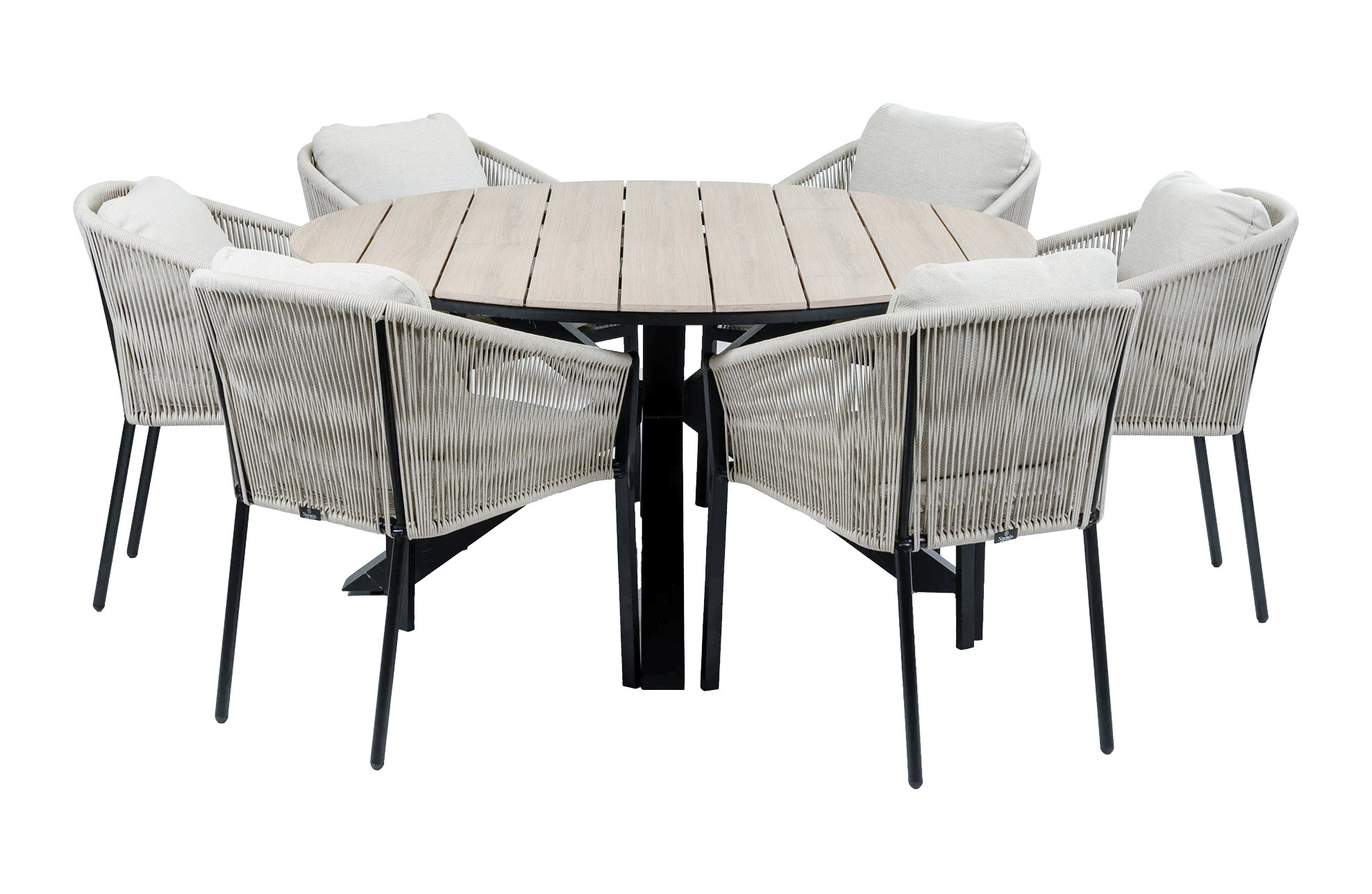 Normin 7-delige ronde tuinset | 6 Elvira tuinstoelen (Black) | Tuintafel Cyprus ø150cm (Wood)