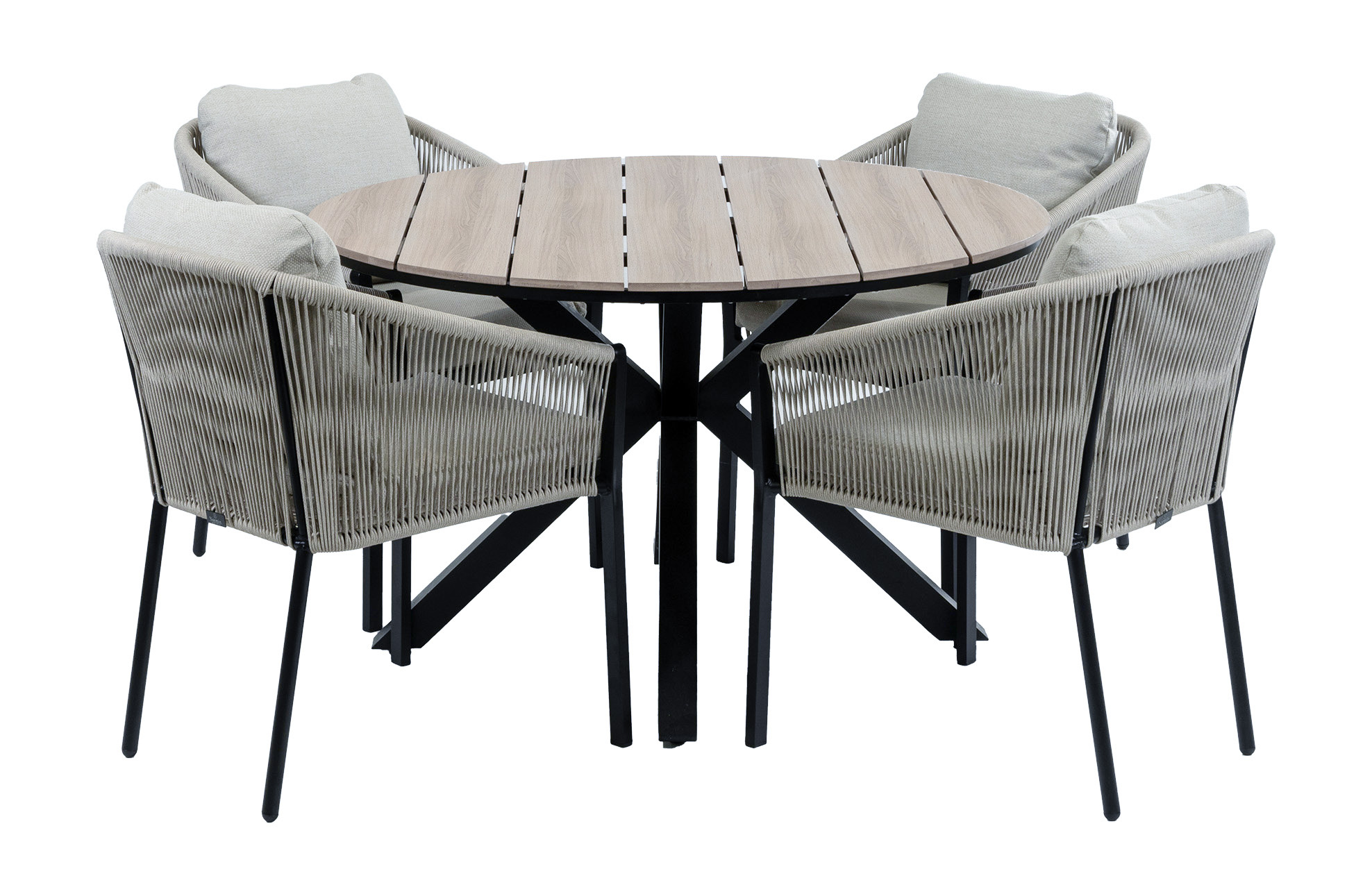 Normin 5-delige ronde tuinset | 4 Elvira tuinstoelen (Black) | Tuintafel Cyprus ø120cm (Wood)