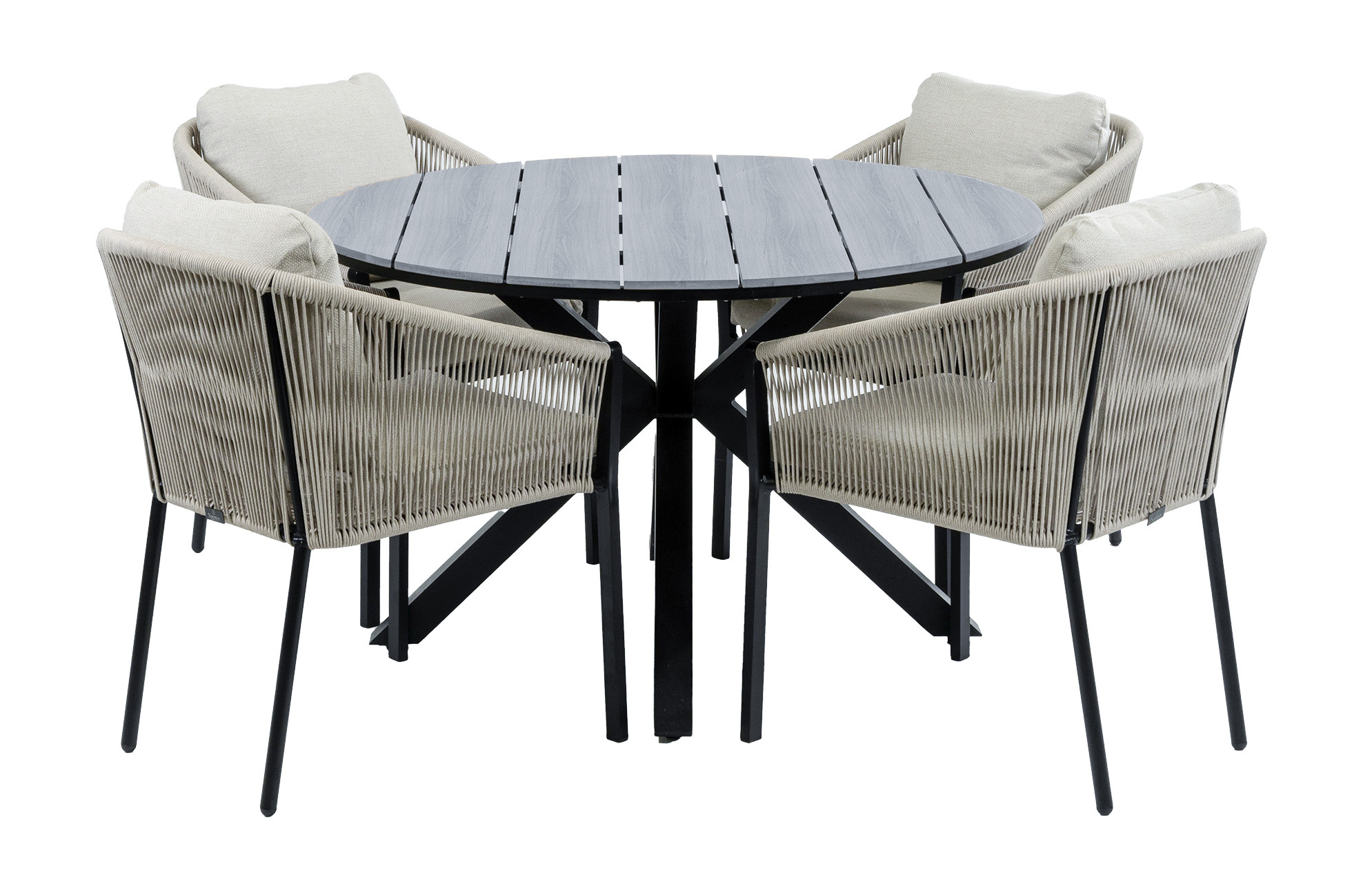 Normin 5-Delige ronde tuinset | 4 Elvira tuinstoelen (Black) | Tuintafel Cyprus ø120cm (Grey)