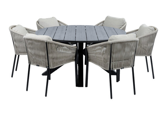 7-Delige ronde tuinset | 6 Tuinstoelen Elvira (Black) | Tuintafel Cyprus ø150cm (Grey)
