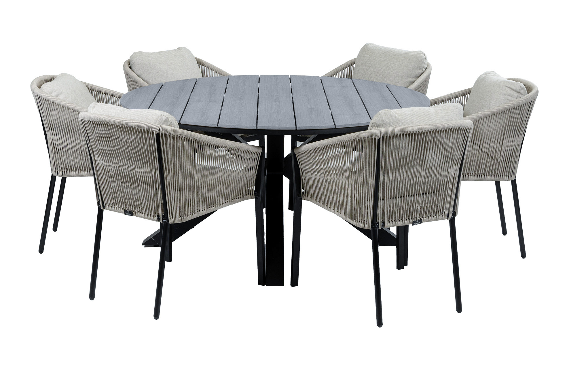 Normin 7-Delige ronde tuinset | 6 Tuinstoelen Elvira (Black) | Tuintafel Cyprus ø150cm (Grey)