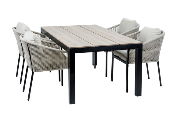 5-delige tuinset | 4 Elvira tuinstoelen (Black) | Tuintafel Cyprus 180x100cm (Wood)