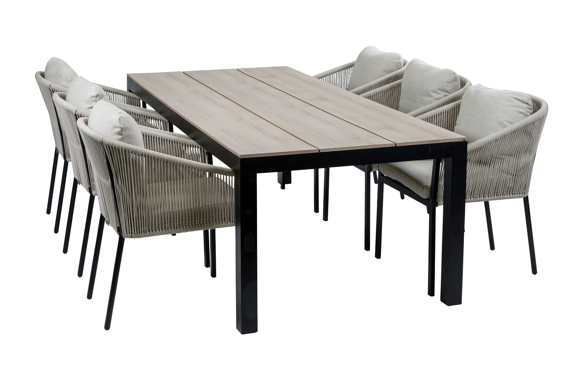 Normin 7-delige tuinset | 6 Elvira tuinstoelen (Black) | Tuintafel Cyprus 225x100cm (Wood)