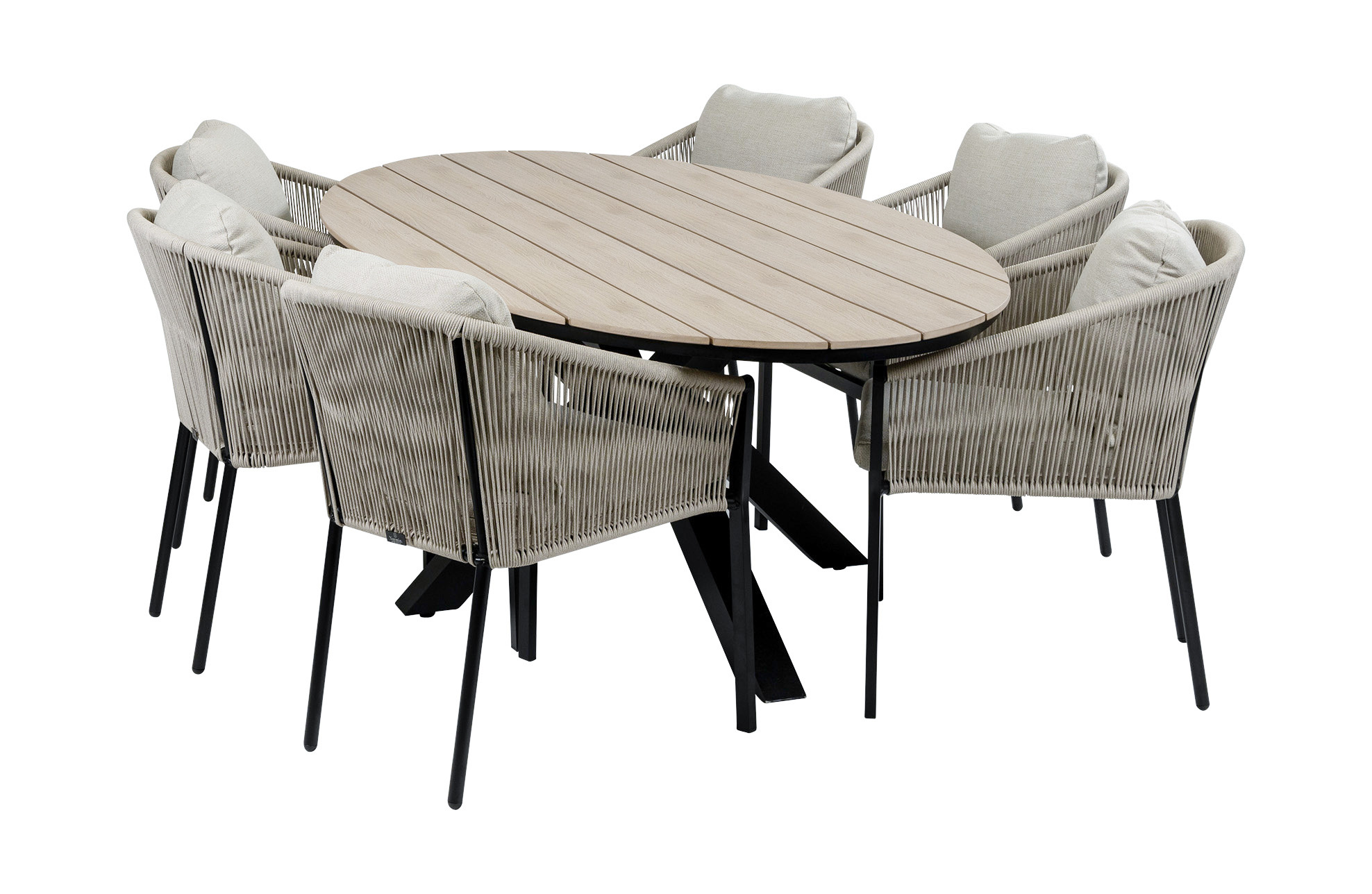 Normin 7-delige tuinset | 6 Elvira tuinstoelen (Black) | Tuintafel Cyprus 220x115cm (Wood)