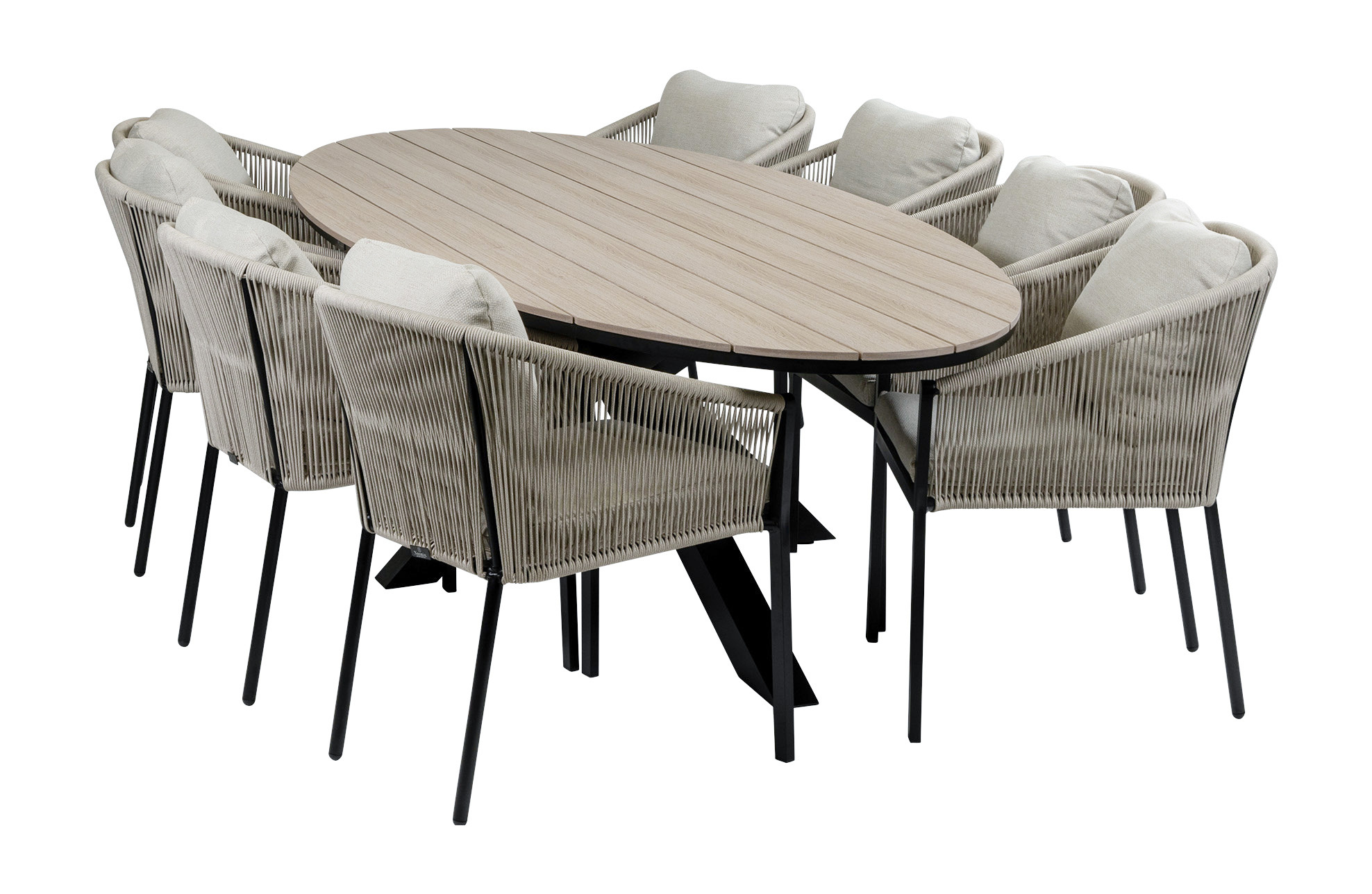 Normin 9-delige tuinset | 8 Elvira tuinstoelen (Black) | Tuintafel Cyprus 280x115cm (Wood)