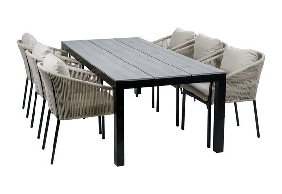 7-Delige tuinset | 6 Elvira tuinstoelen (Black) | Tuintafel Cyprus 225x100cm (Grey)