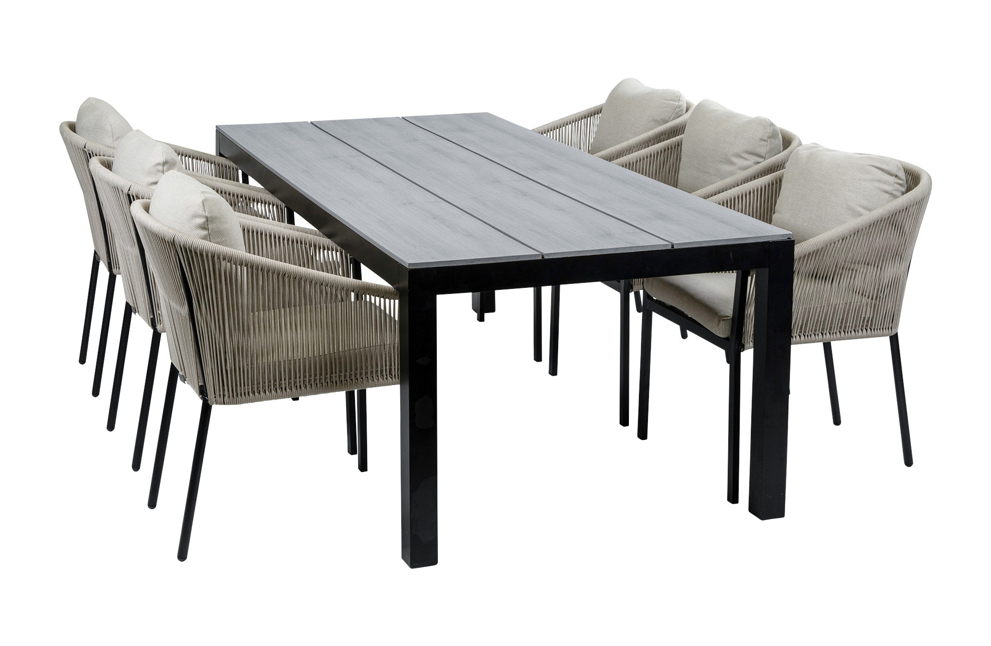Normin 7-Delige tuinset | 6 Elvira tuinstoelen (Black) | Tuintafel Cyprus 225x100cm (Grey)