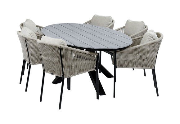 7-Delige tuinset | 6 Elvira tuinstoelen (Black) | 220cm ovale tuintafel Cyprus (Grey)