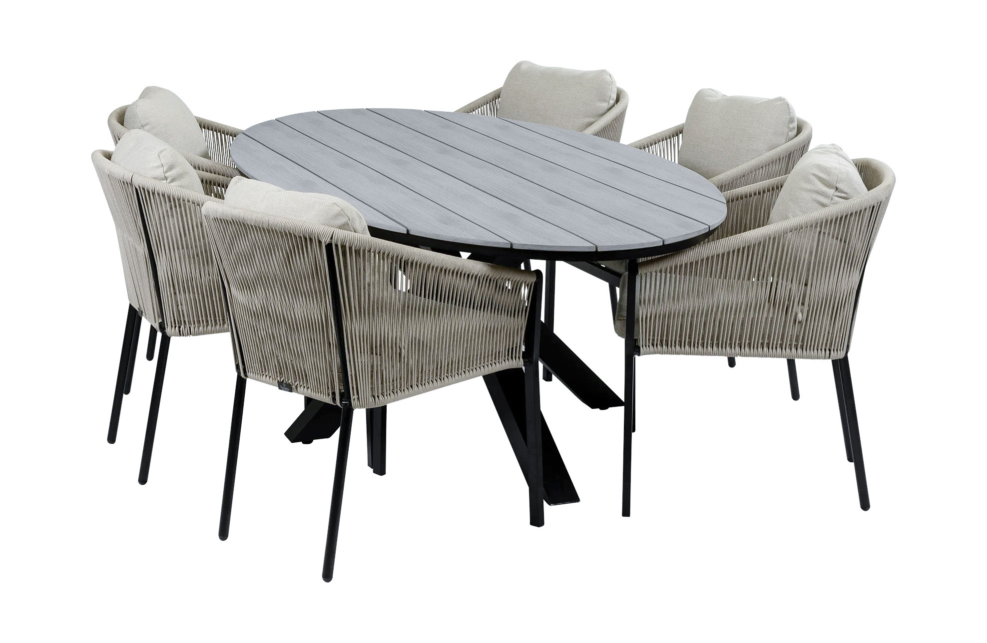 Normin 7-Delige tuinset | 6 Elvira tuinstoelen (Black) | 220cm ovale tuintafel Cyprus (Grey)