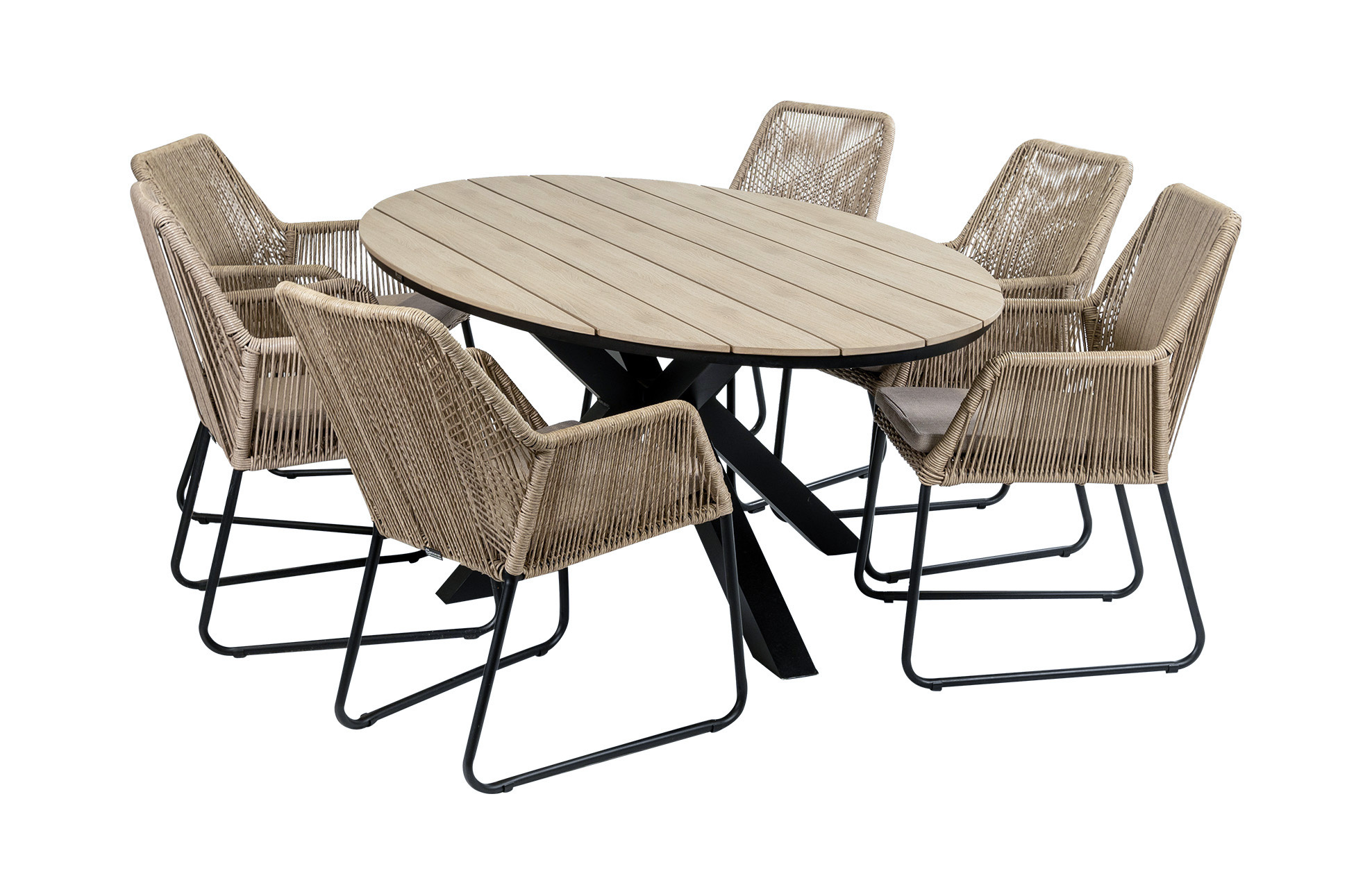 4 Seizoenen Tuinmeubelen 7-delige tuinset | 6 Mona tuinstoelen (Sand) | 220cm ovale Cyprus tuintafel (Wood)