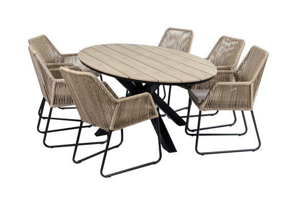 7-delige tuinset | 6 Mona tuinstoelen (Sand) | 220cm ovale Cyprus tuintafel (Wood)