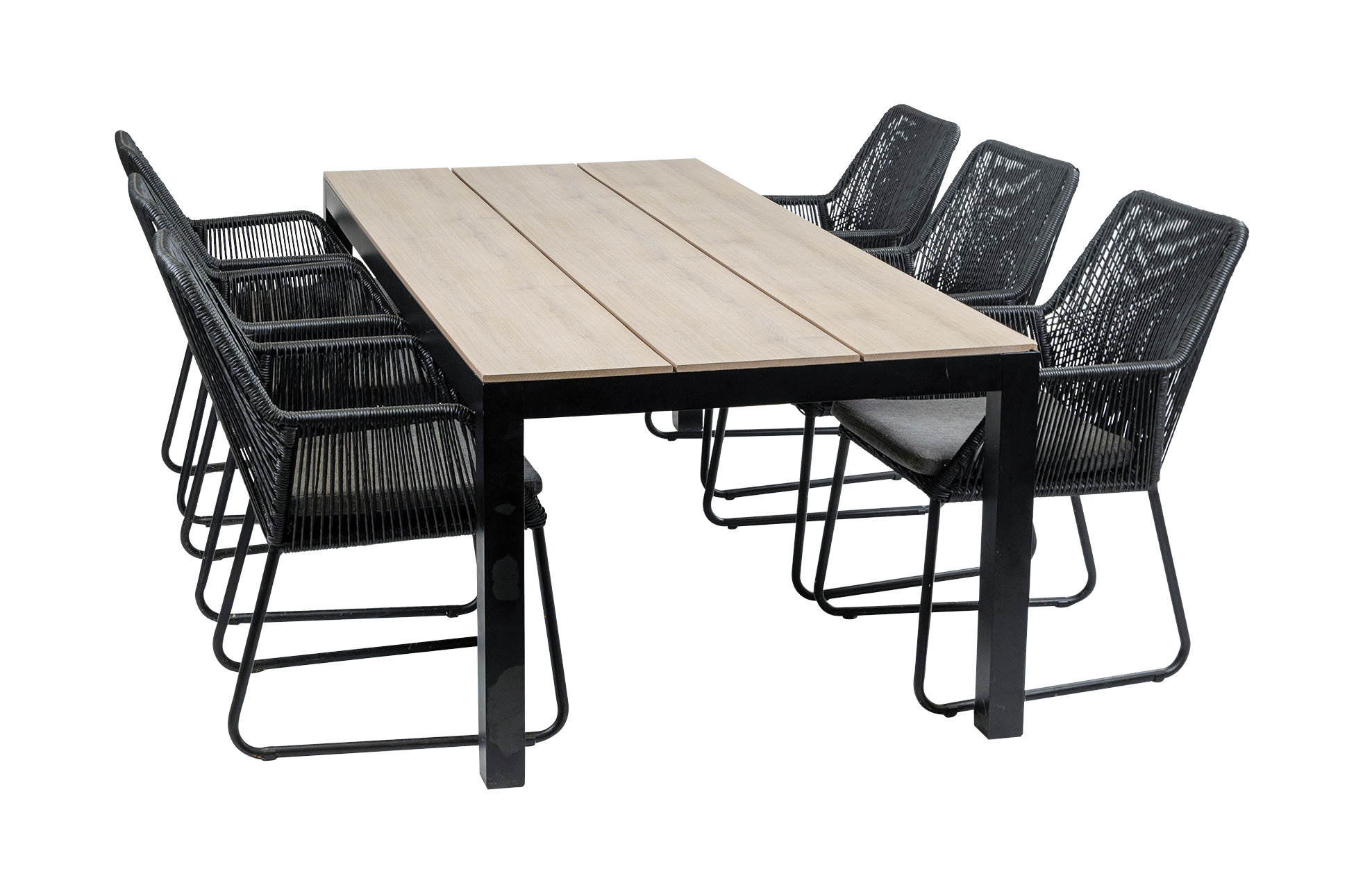 4 Seizoenen Tuinmeubelen 7-delige tuinset | 6 Mona tuinstoelen (Black) | 225cm Cyprus tuintafel (Wood)