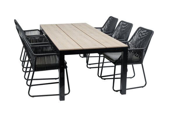 7-delige tuinset | 6 Mona tuinstoelen (Black) | 225cm Cyprus tuintafel (Wood)