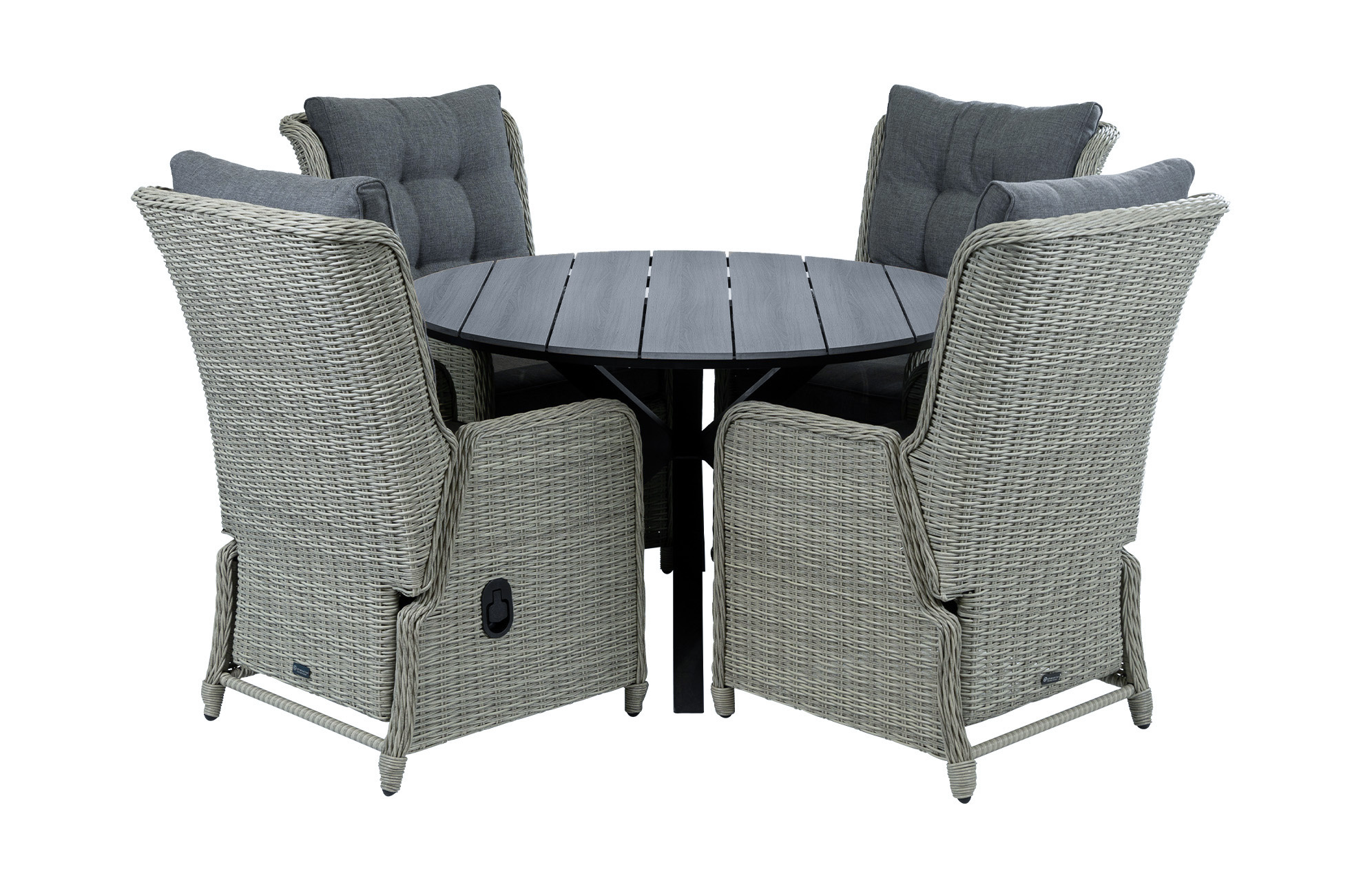 4 Seizoenen Tuinmeubelen 5-delige ronde tuinset | 4 Dublin verstelbare stoelen (MG) | ⌀120cm Cyprus tuintafel (Grey)