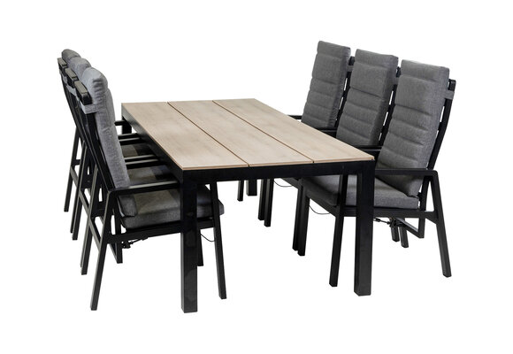 7-Delige tuinset | 6 Berlijn tuinstoelen (Black) | Tuintafel Cyprus 225x100cm (Wood)