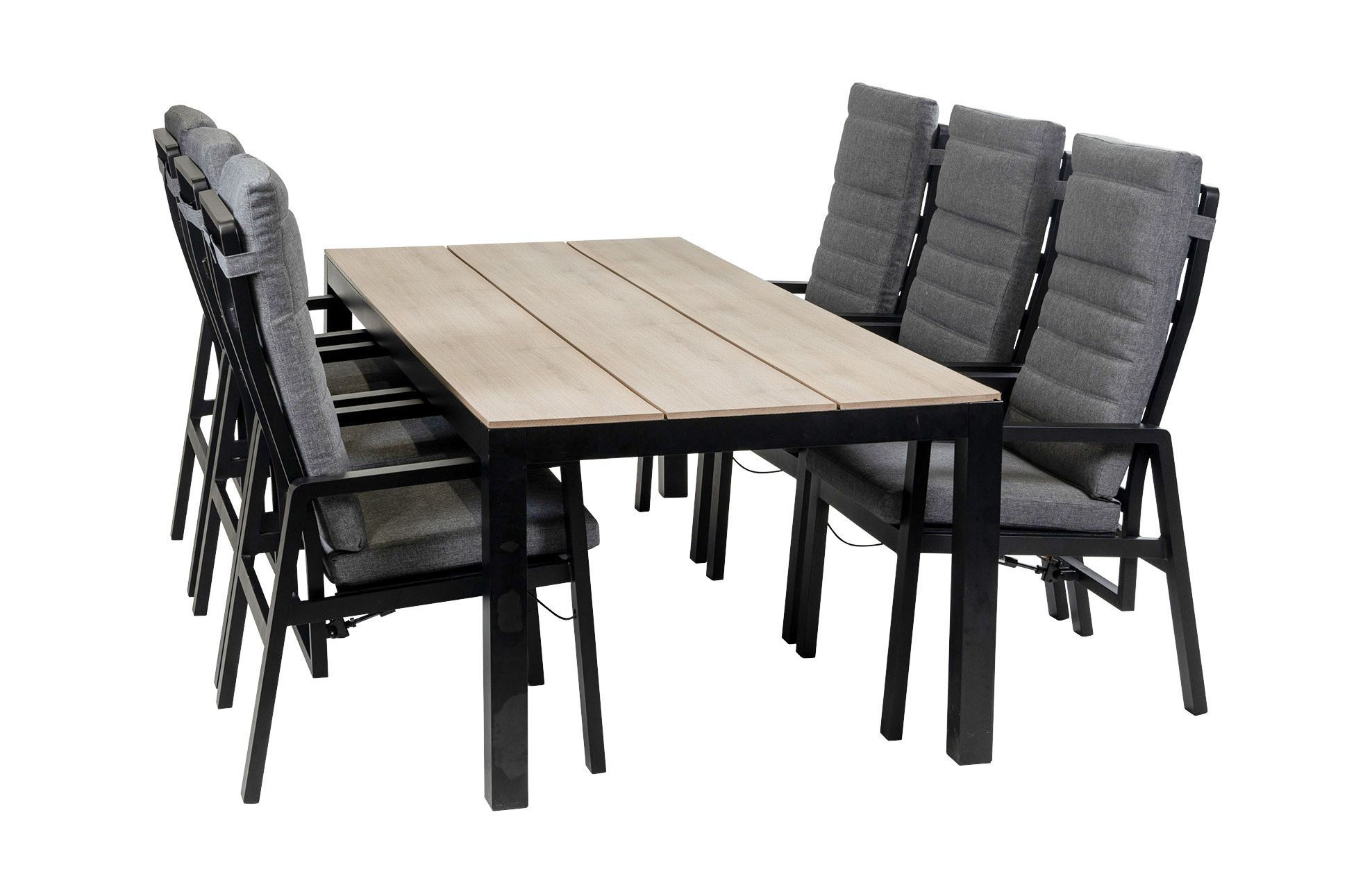 Normin 7-Delige tuinset | 6 Berlijn tuinstoelen (Black) | Tuintafel Cyprus 225x100cm (Wood)