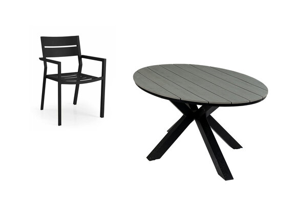 5-delige tuinset | 4 Delia stapelbare tuinstoelen (Black) | 180cm ovale Cyprus tuintafel (Grey)