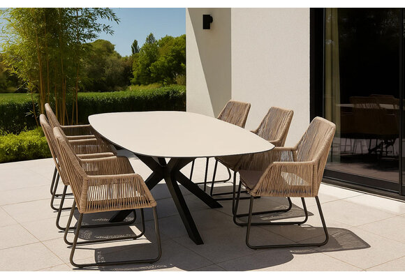 5-delige tuinset | 4 Mona tuinstoelen (Sand) | Tuintafel Malaga 180x115cm (Black)