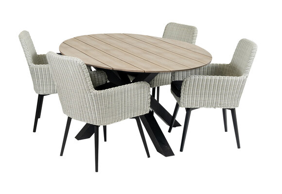 5-delige tuinset | 4 Pisa tuinstoelen (White) | 180cm ovale Cyprus tuintafel (Wood)