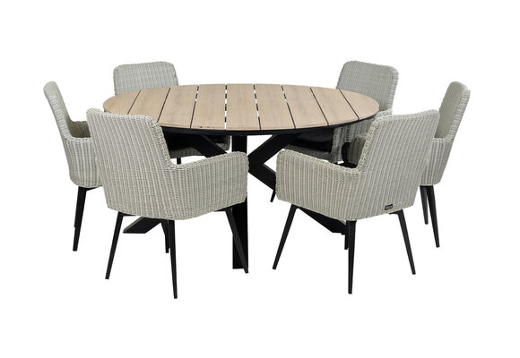 7-delige ronde tuinset | 6 Pisa tuinstoelen (White) | ⌀150cm Cyprus tuintafel (Wood)