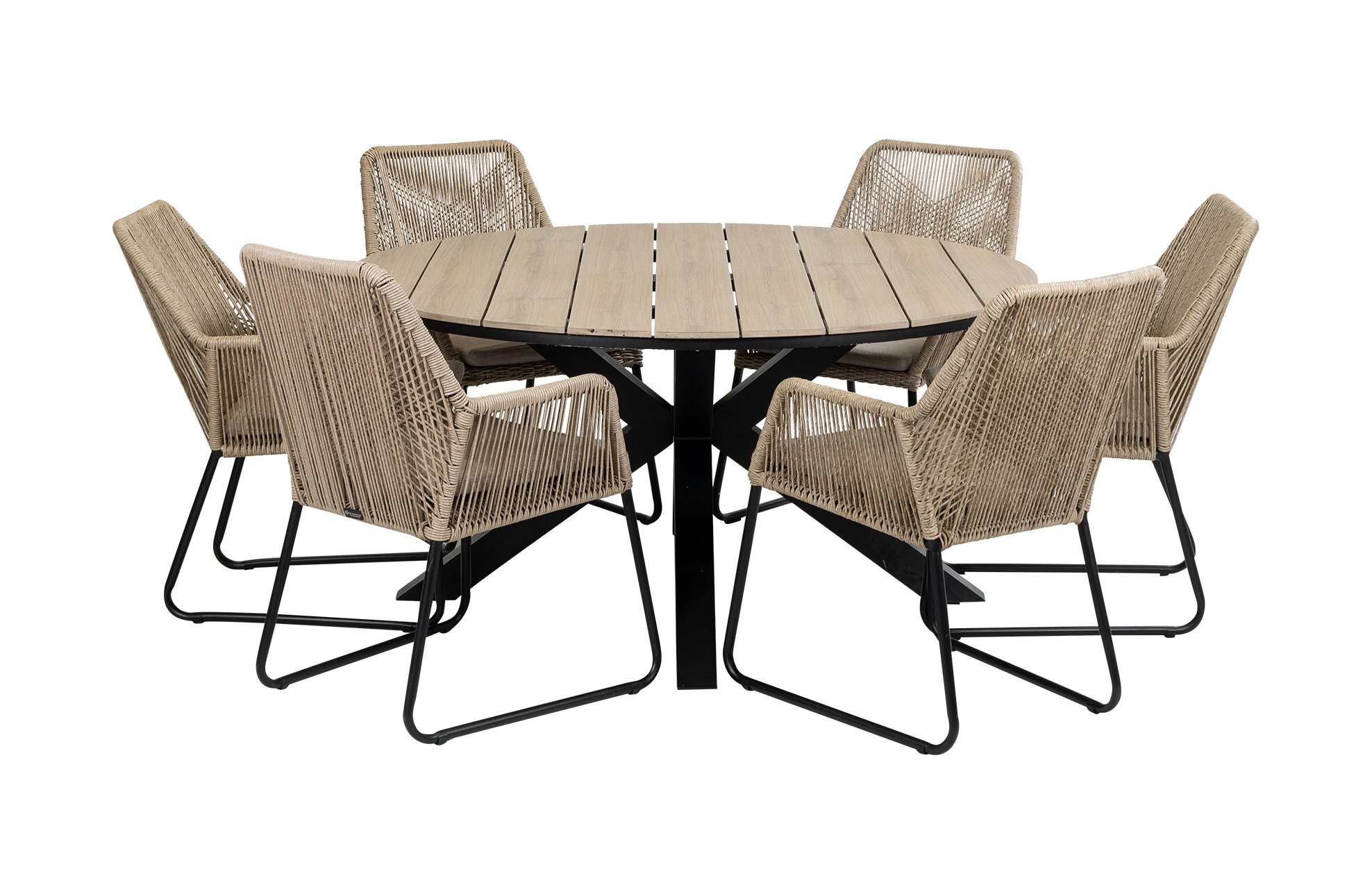 4 Seizoenen Tuinmeubelen 7-delige ronde tuinset | 6 Mona tuinstoelen (Sand) | ⌀150cm Cyprus tuintafel (Wood)