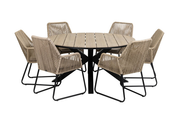 7-delige ronde tuinset | 6 Mona tuinstoelen (Sand) | ⌀150cm Cyprus tuintafel (Wood)