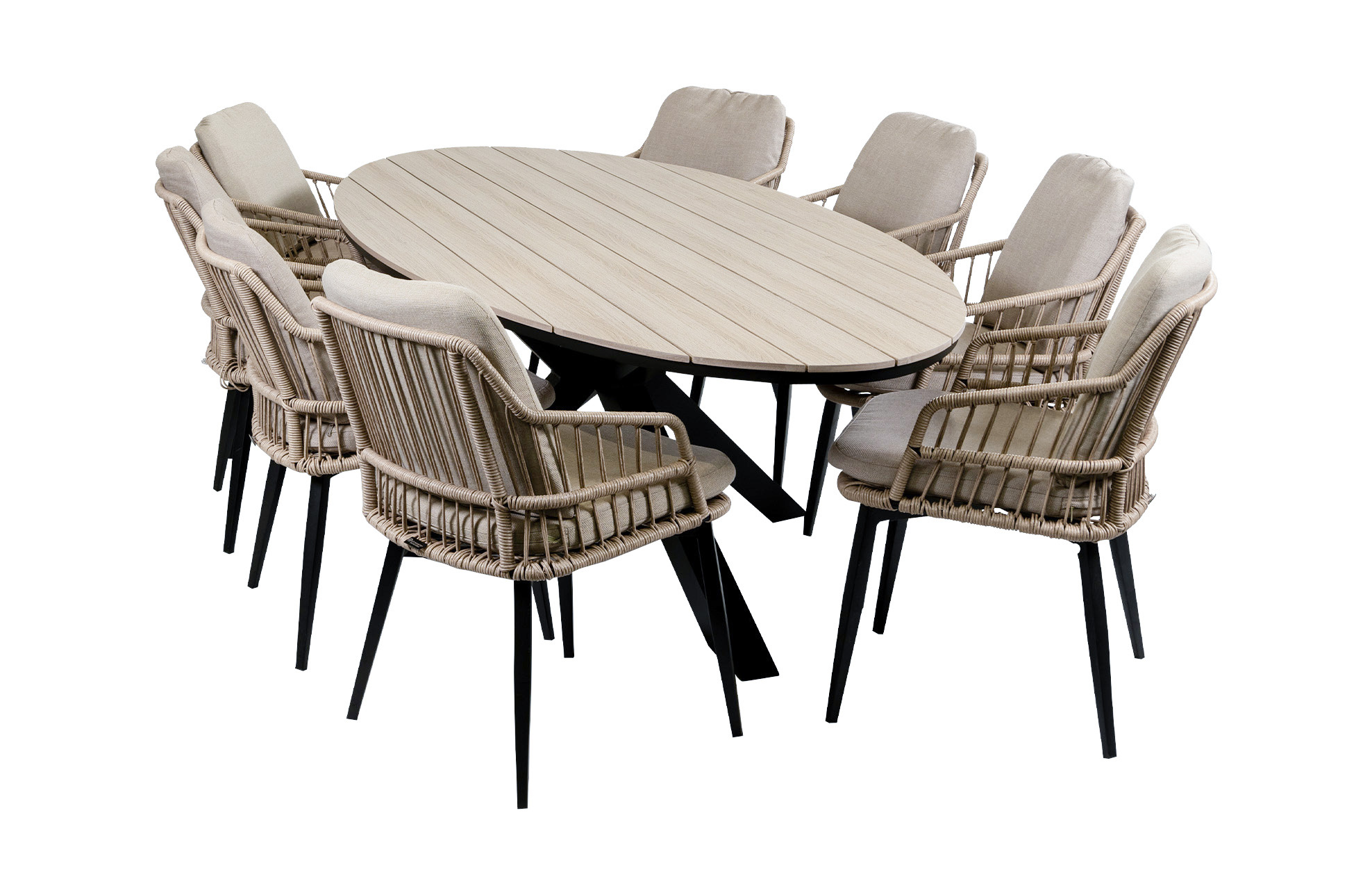 4 Seizoenen Tuinmeubelen 9-delige tuinset | 8 Isabel tuinstoelen (Sand) | 280cm ovale Cyprus tuintafel (Wood)