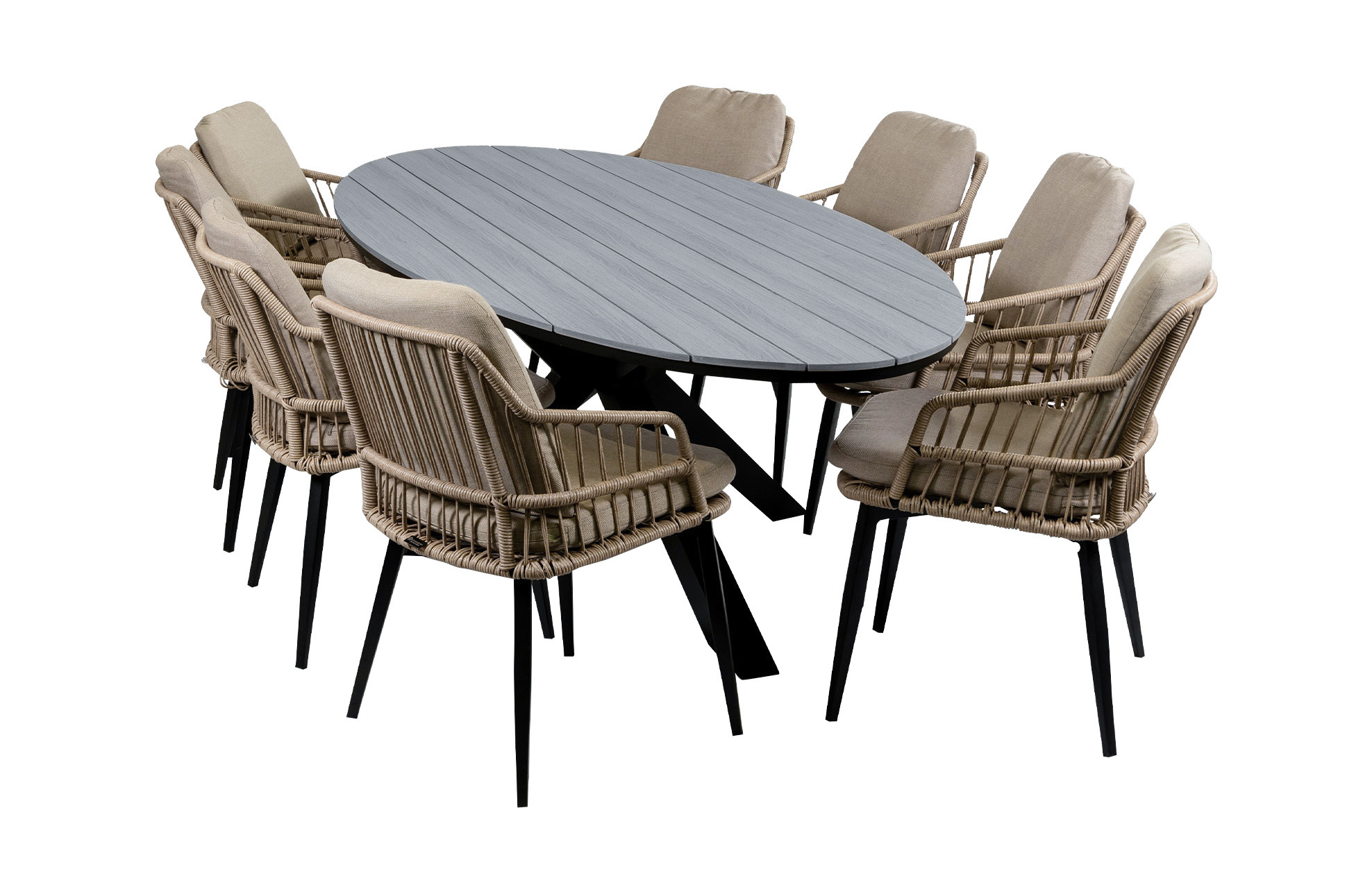 4 Seizoenen Tuinmeubelen 9-delige tuinset | 8 Isabel tuinstoelen (Sand) | 280cm ovale Cyprus tuintafel (Grey)